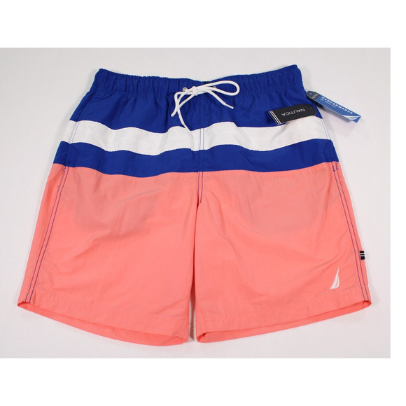 Nautica Men's Pale Coral & Blue Color Blocked Swim Trunks Size Small NWT - Picture 1 of 3